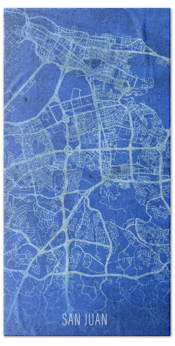 San Juan Hand Towel featuring the mixed media San Juan Puerto Rico City Street Map Blueprints by Design Turnpike