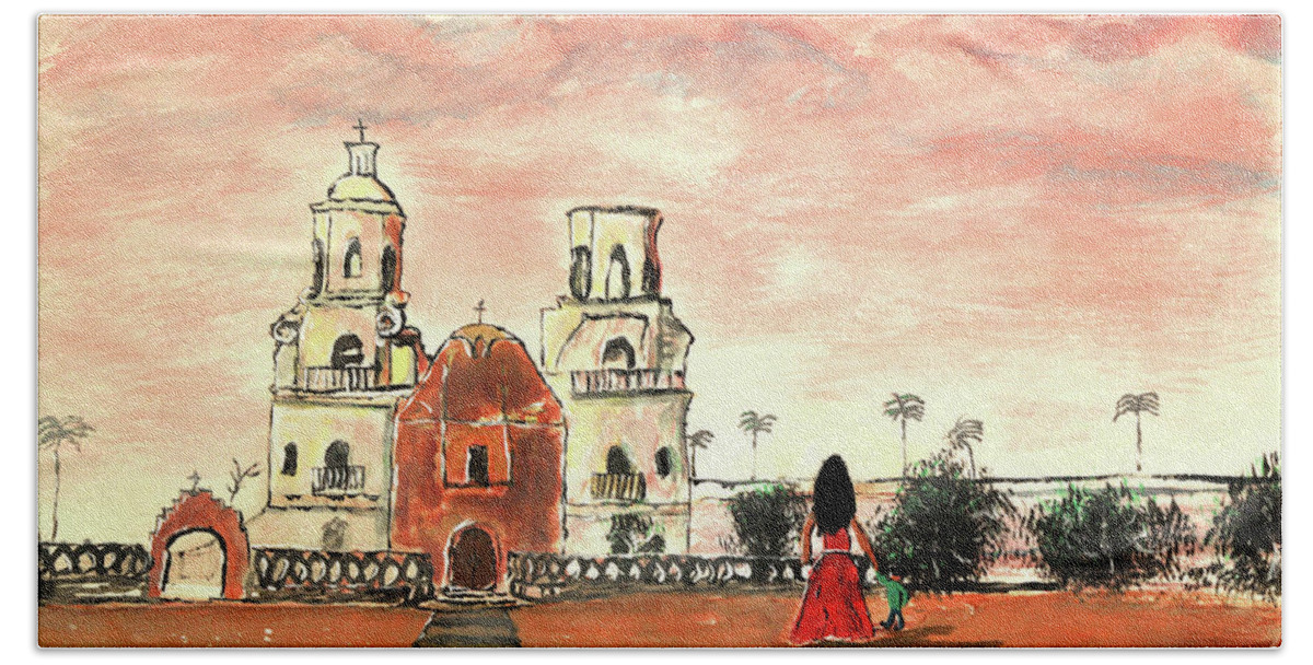 Tucson Bath Towel featuring the painting San Xavier Mission del Bac Mother and Child by Chance Kafka
