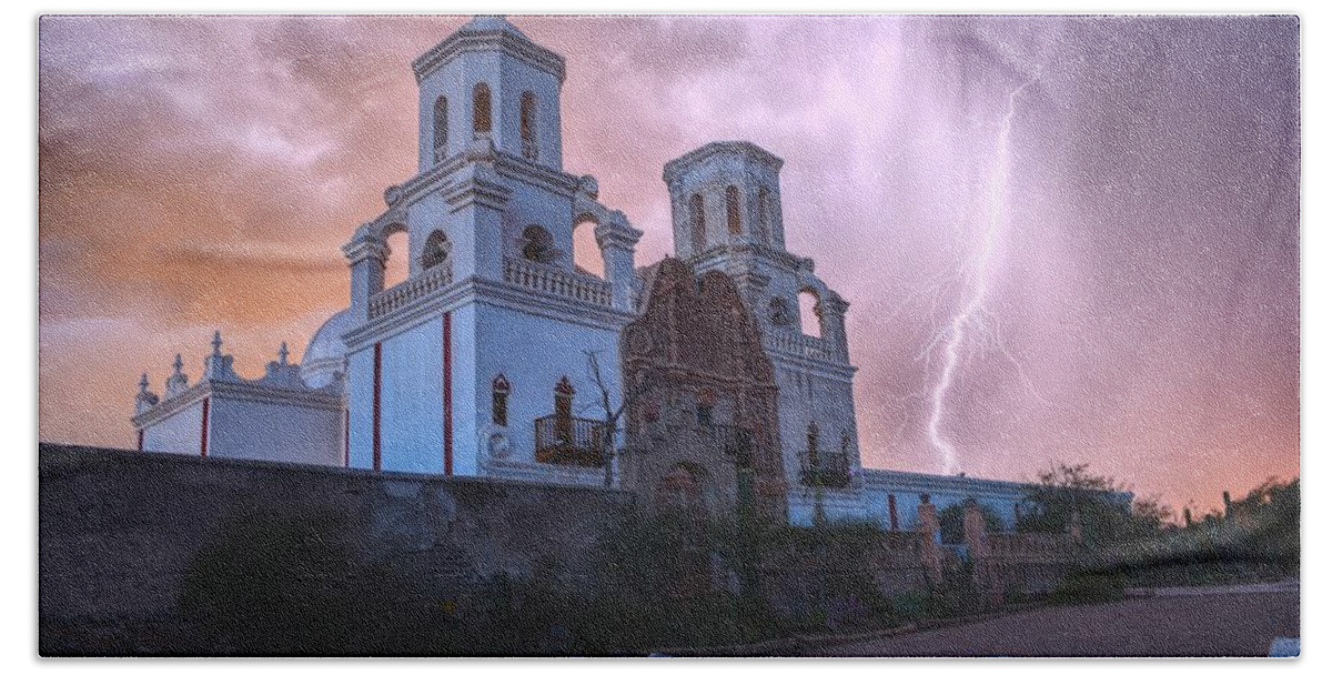 Lightning Hand Towel featuring the photograph San Xavier Mission Lightning by Chance Kafka