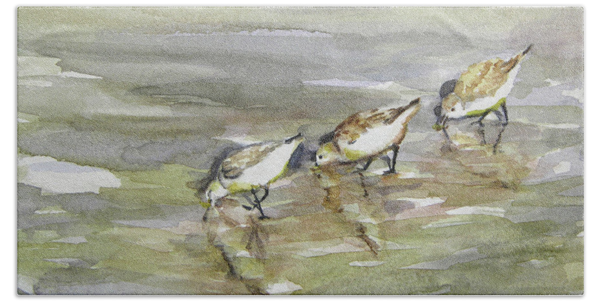 Original Watercolors Bath Towel featuring the painting Sandpiper Trio by Julianne Felton
