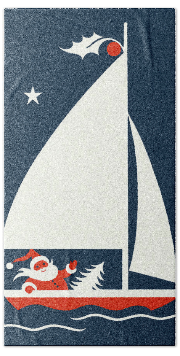 Activity Hand Towel featuring the drawing Santa Claus on a Sailboat by CSA Images
