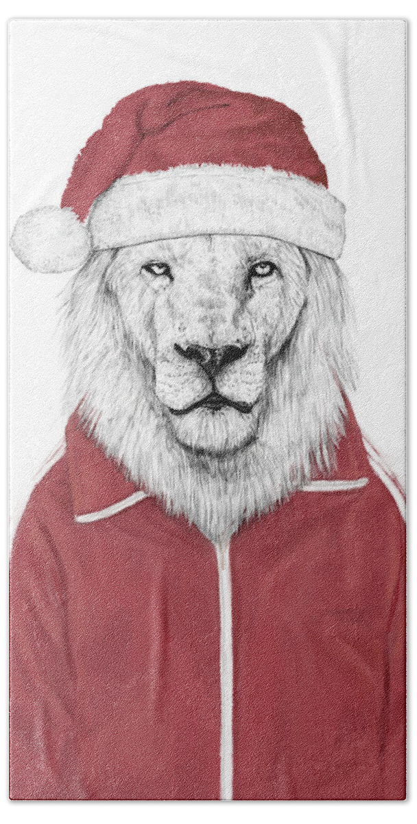 Lion Hand Towel featuring the mixed media Santa lion by Balazs Solti