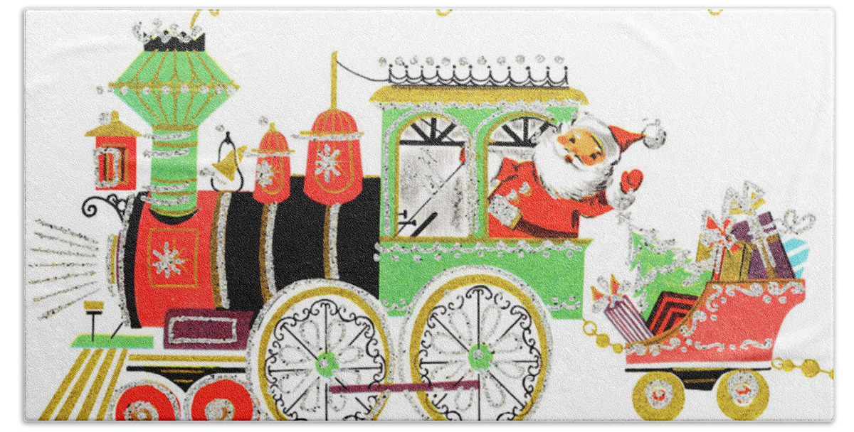 Caboose Hand Towel featuring the drawing Santa on a train by CSA Images