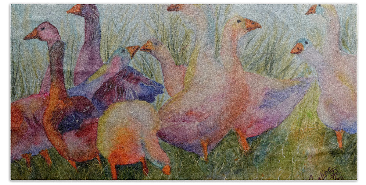 Geese Hand Towel featuring the painting Sassy Geese by Caroline Harris