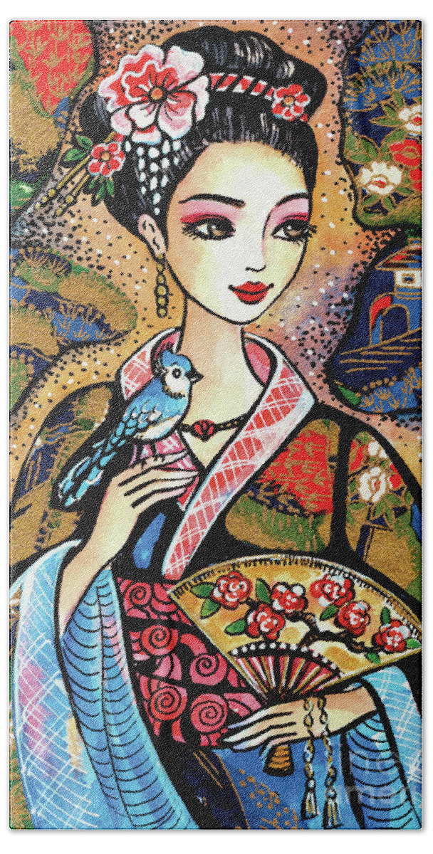 Woman And Bird Hand Towel featuring the painting Sayuri by Eva Campbell