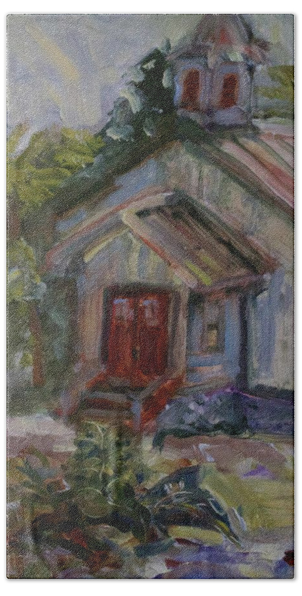 Old Maui Hand Towel featuring the painting School House by Margaret Elliott