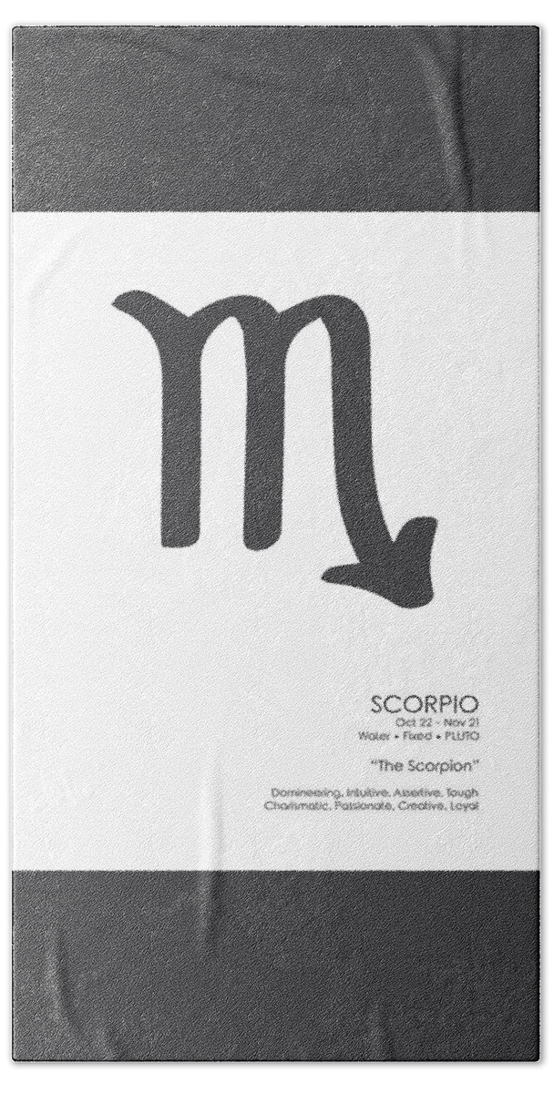 Scorpio Hand Towel featuring the mixed media Scorpio Print - Zodiac Signs Print - Zodiac Poster - Scorpio Poster - Black, White - Scorpio Traits by Studio Grafiikka