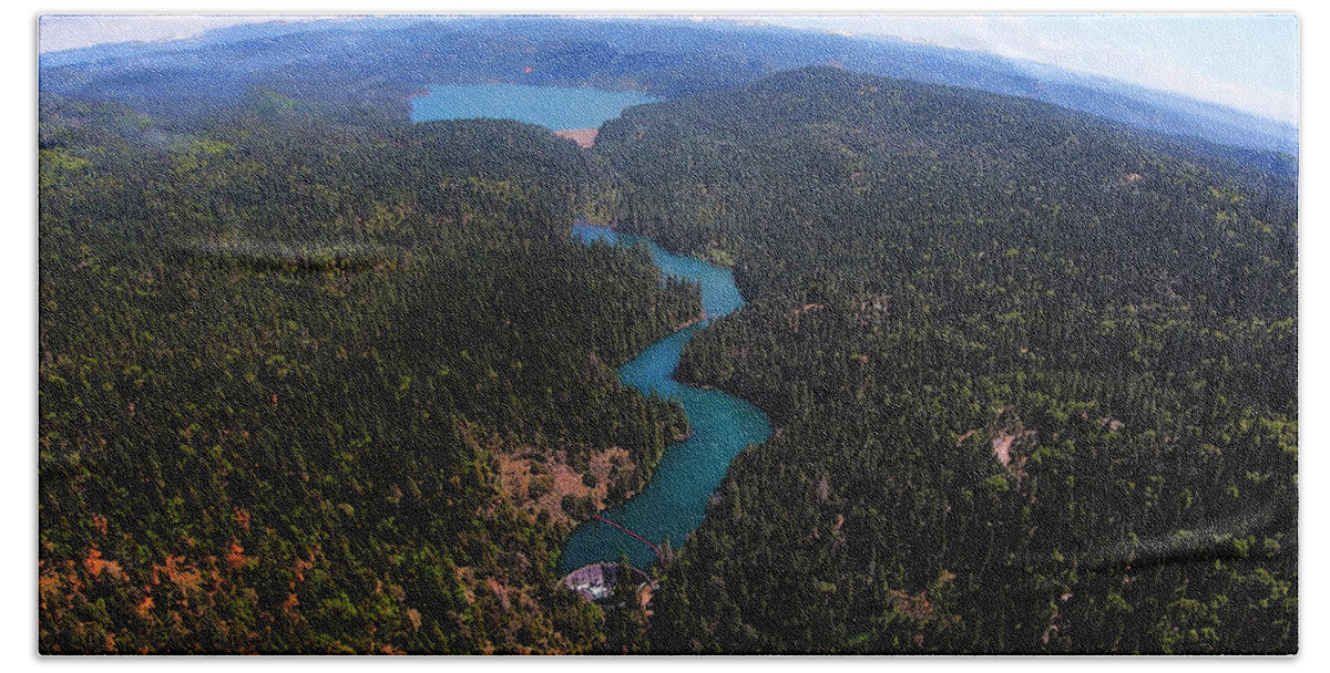 Scotts Flat Lake Hand Towel featuring the digital art Scotts Flat Lake and Lower Scotts Flat Reservoir Aerial by Lisa Redfern