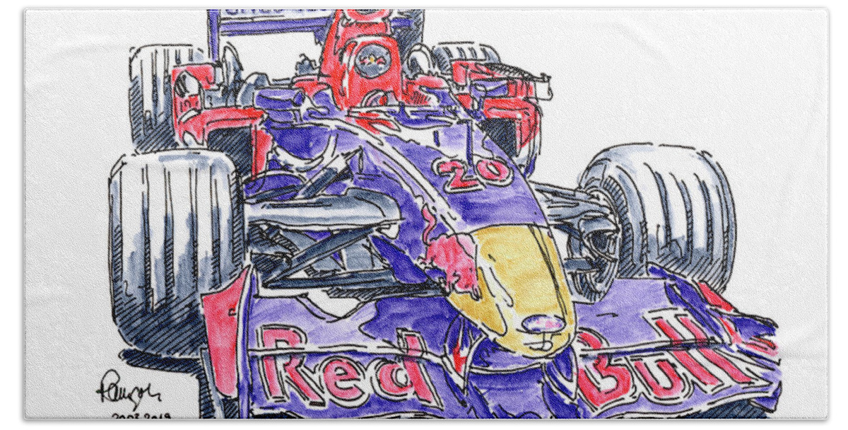 Scuderia Toro Rosso Str1 Hand Towel featuring the drawing Scuderia Toro Rosso STR1 Formula 1 Racecar Ink Drawing and Water by Frank Ramspott