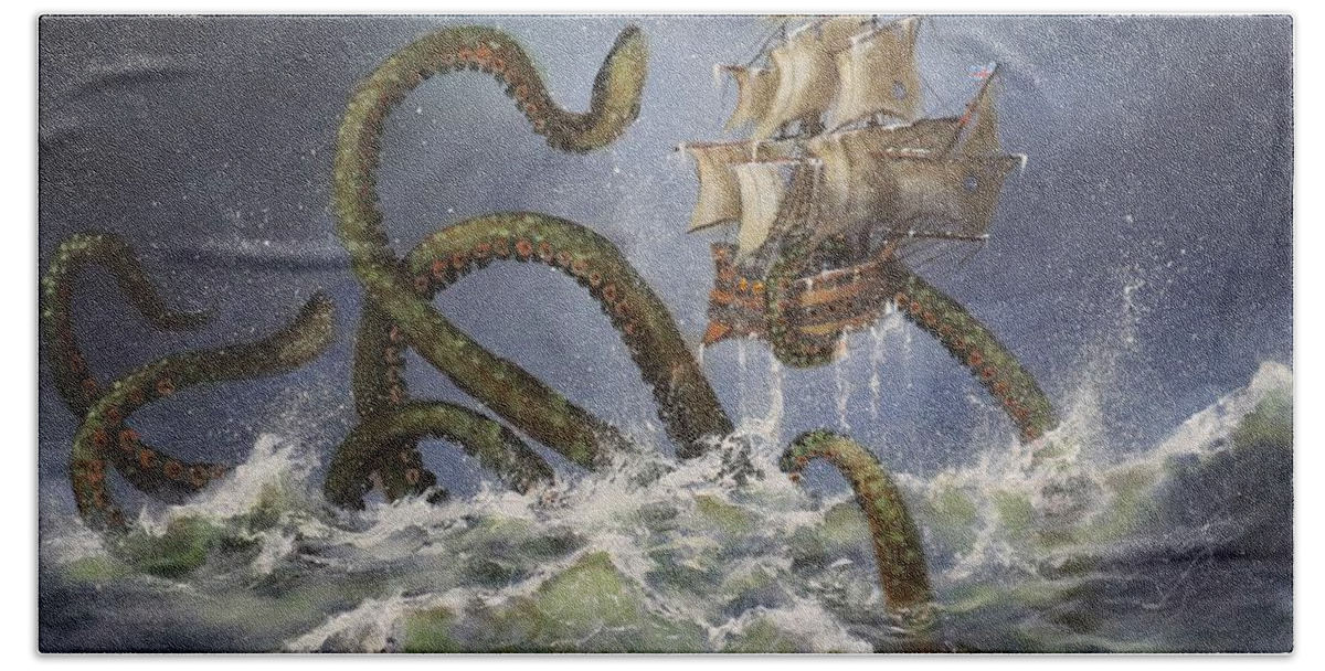 Kraken Hand Towel featuring the painting Sea Monster by Tom Shropshire