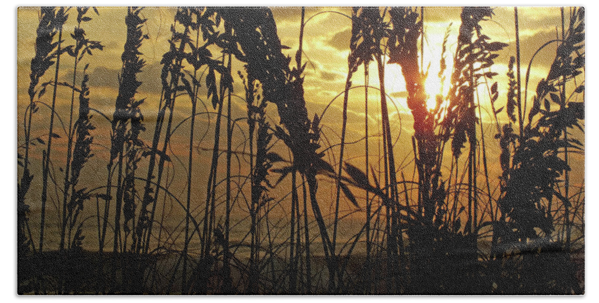 Sea Oats Bath Towel featuring the photograph Sea Oats Silhouette And Ocean Sunrise by Cindy Treger