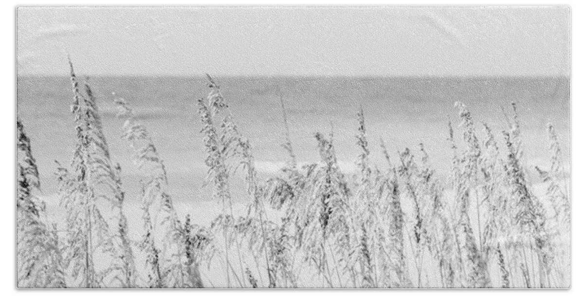 America Bath Towel featuring the photograph Sea Oats Beach Grass Florida Black and White Panorama Photo by Paul Velgos