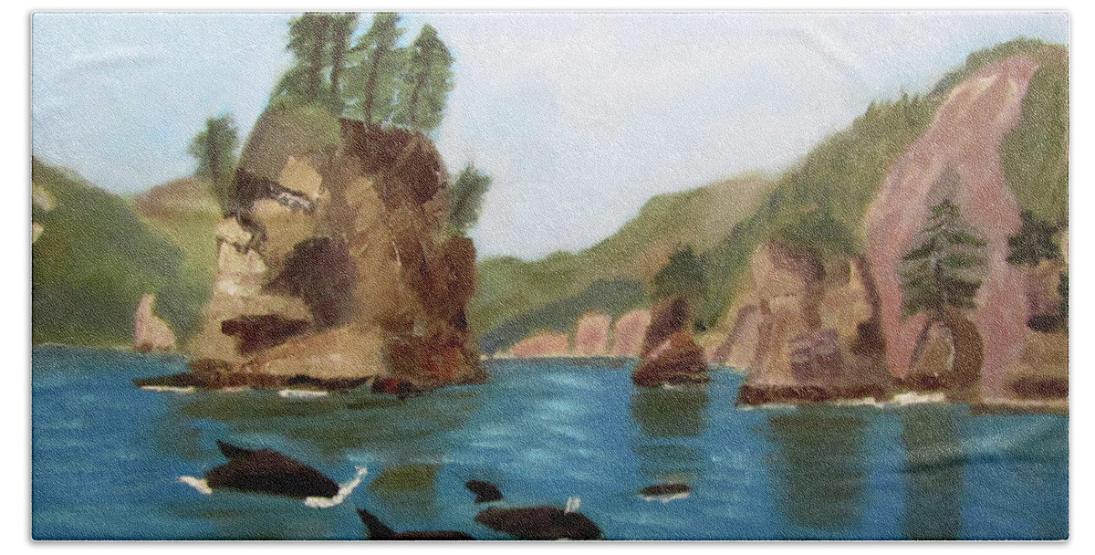Alaska Hand Towel featuring the painting Sea Stacks and Orcas by Linda Feinberg