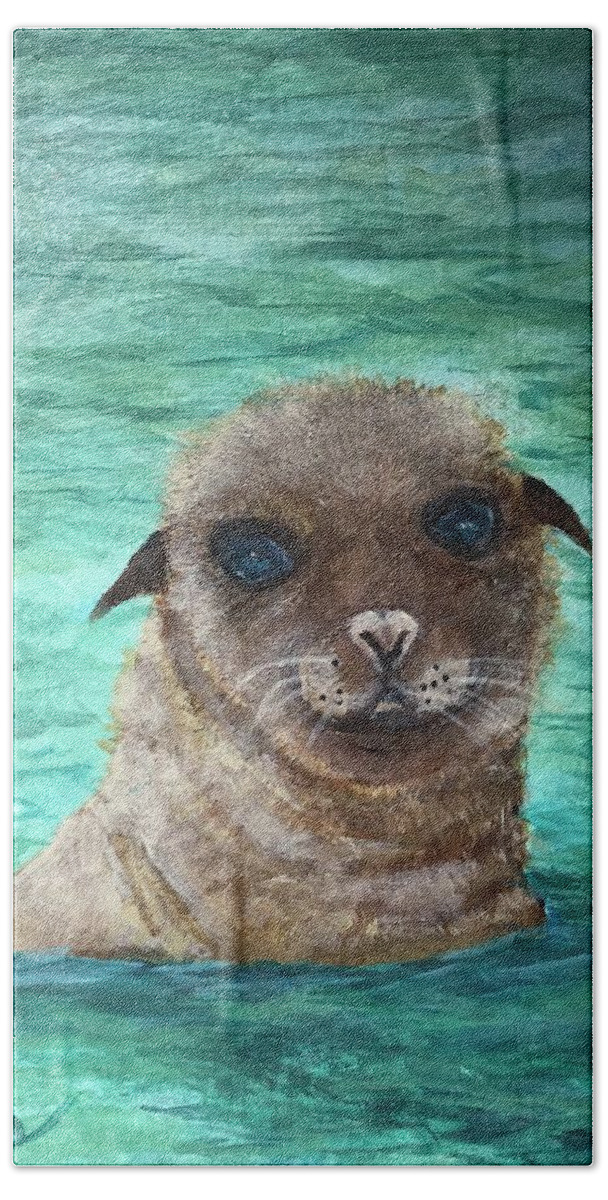 Seal Hand Towel featuring the painting Seal Sweetie by Deborah Naves
