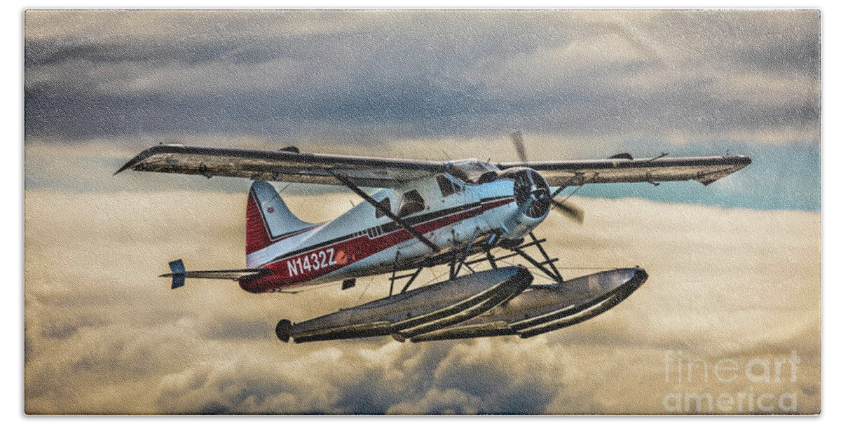 Seaplane Bath Towel featuring the photograph Seaplane in the Anchorage sky by Lyl Dil Creations