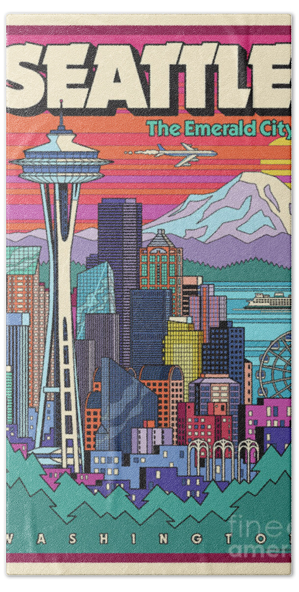 Seattle Bath Sheet featuring the digital art Seattle Poster - Pop Art Skyline by Jim Zahniser