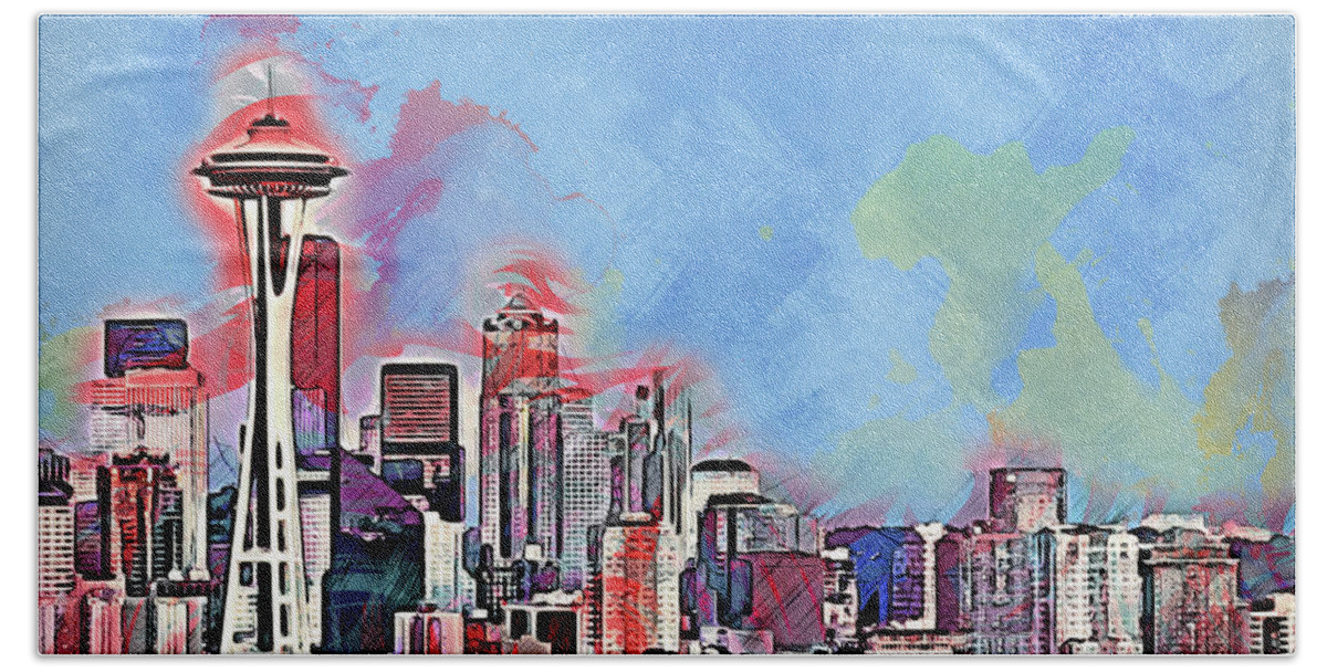 Seattle Bath Towel featuring the painting Seattle Skyline - 03 by AM FineArtPrints