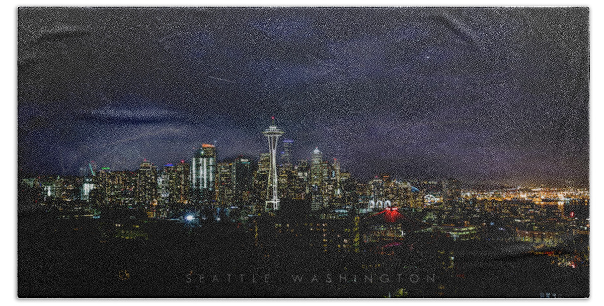 Seattle Bath Towel featuring the photograph Seattle skyline at night by The Flying Photographer