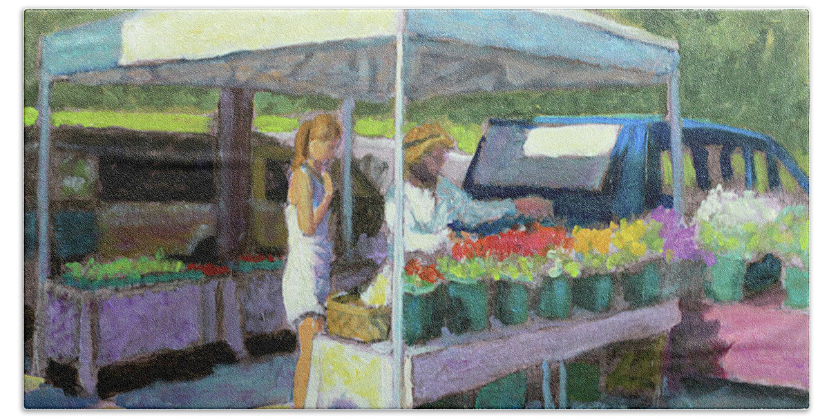 Farmer's Market Hand Towel featuring the painting Selecting the Bouquet by David Zimmerman