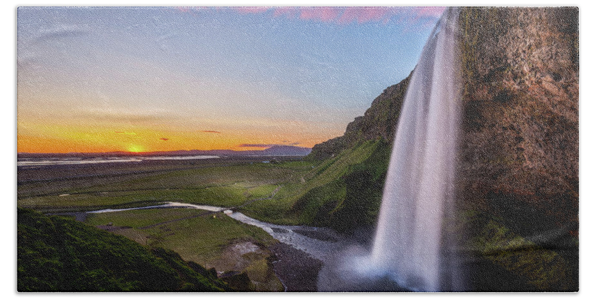 Iceland Bath Towel featuring the photograph Seljalandsfoss at Sunset by Peter OReilly