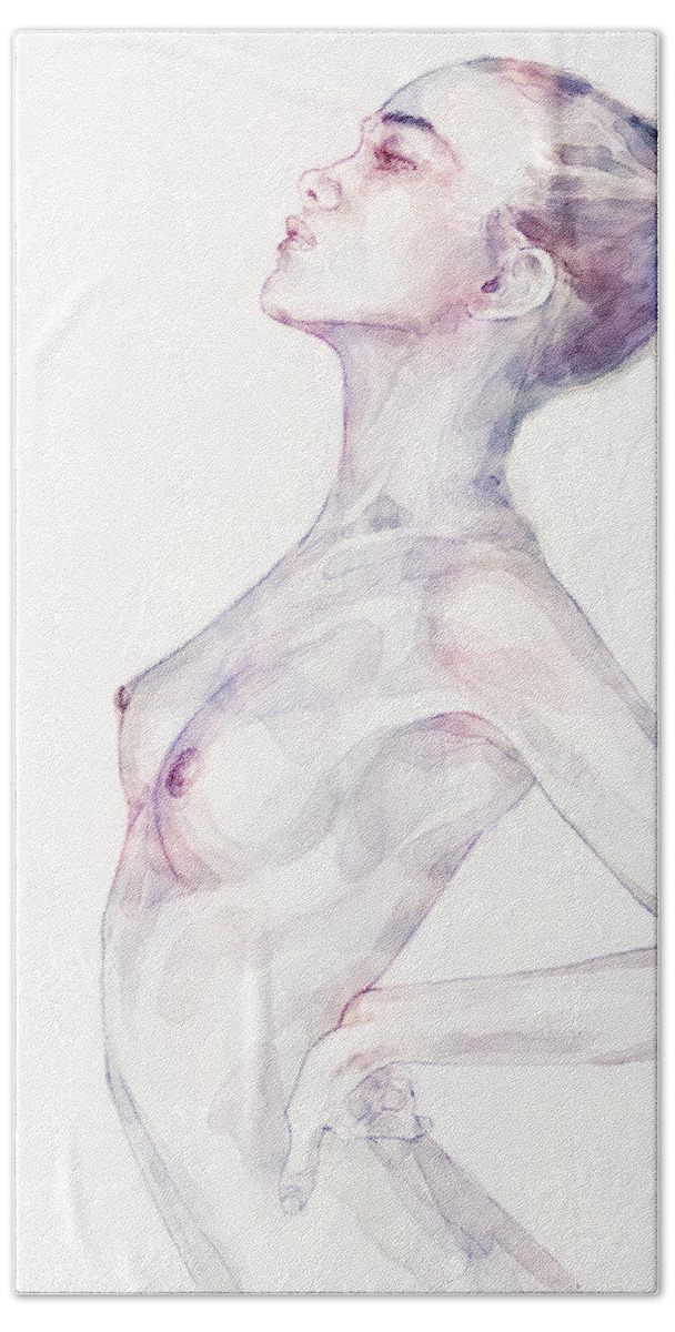Watercolor Bath Towel featuring the painting Sensual pose aquarelle portrait of a girl by Dimitar Hristov