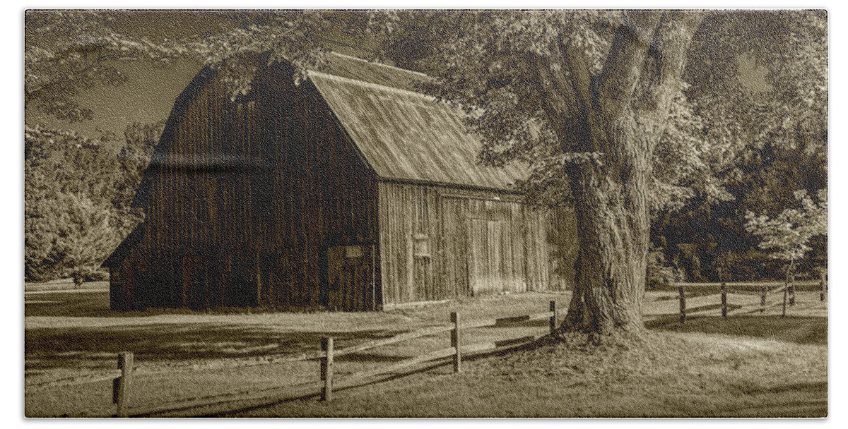 Barn Hand Towel featuring the photograph Sepia Tone of a Wooden Weathered Barn in West Michigan by Randall Nyhof