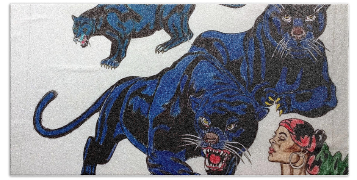 Black Art Bath Towel featuring the drawing Serenade of the Black Panther by Joedee