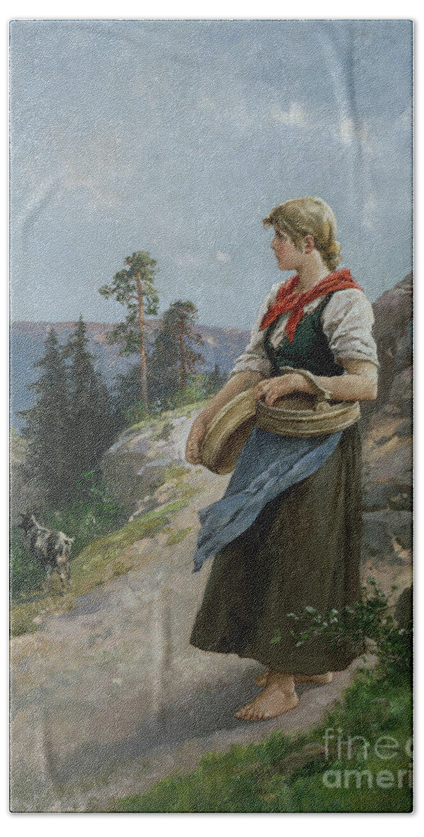 Farm Girl Bath Towel featuring the painting Seterjente by Axel Hjalmar Ender