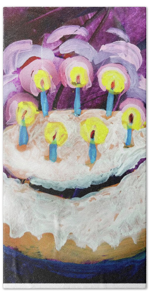 Candles Bath Towel featuring the painting Seven Candle Birthday Cake by Tilly Strauss
