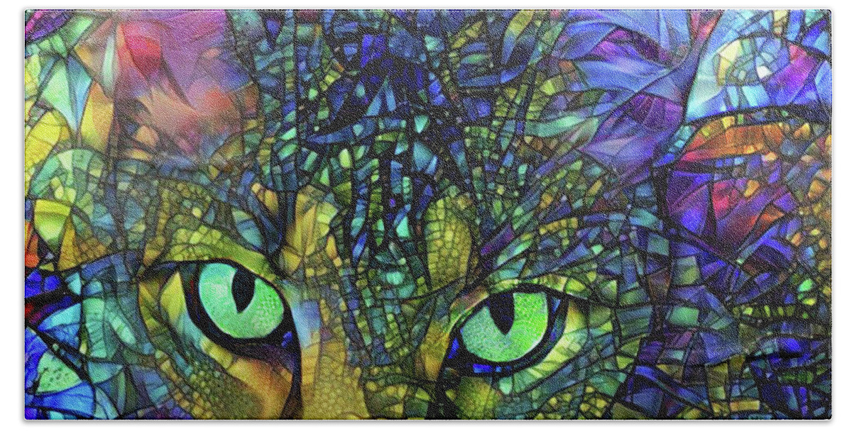 Tabby Cat Bath Towel featuring the digital art Severus the Tabby Cat - Stained Glass by Peggy Collins