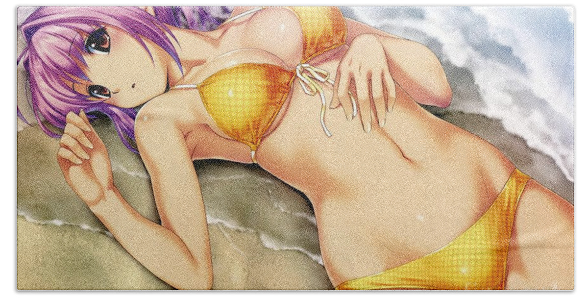 High Resolution Bath Towel featuring the drawing Sexy Hentai Girl In Bikini Lying On Shoreline Ultra HD by Hi Res