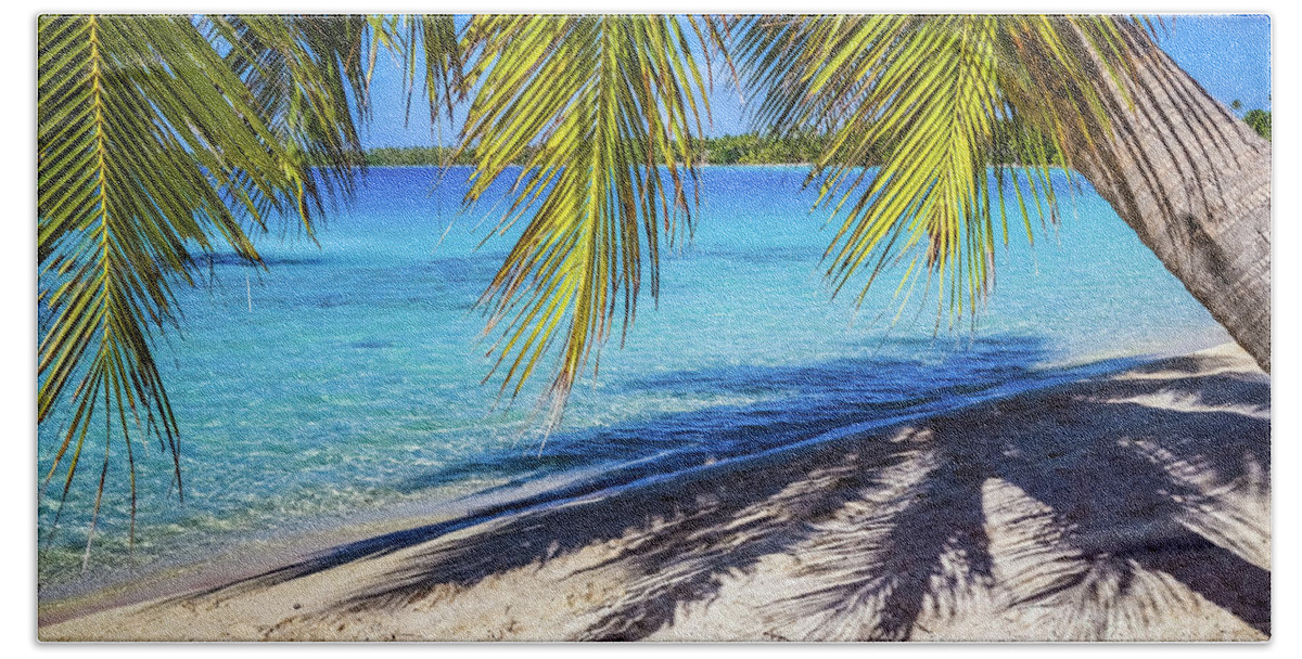Palm Hand Towel featuring the photograph Shadows on the beach, Takapoto, Tuamotu, French Polynesia by Lyl Dil Creations