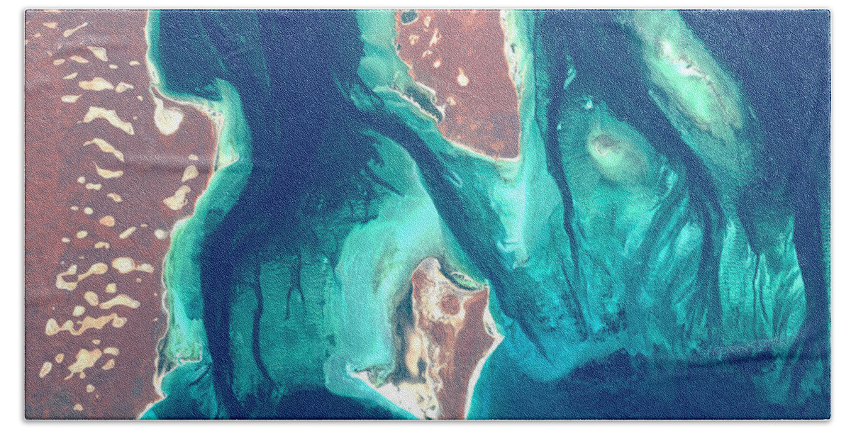 Satellite Image Hand Towel featuring the digital art Shark Bay from space by Christian Pauschert