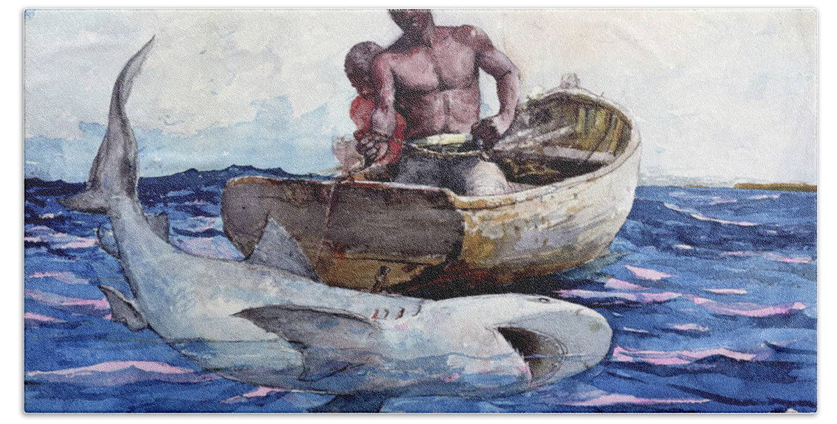 Winslow Homer Hand Towel featuring the painting Shark Fishing,1885 - Digital Remastered Edition by Winslow Homer