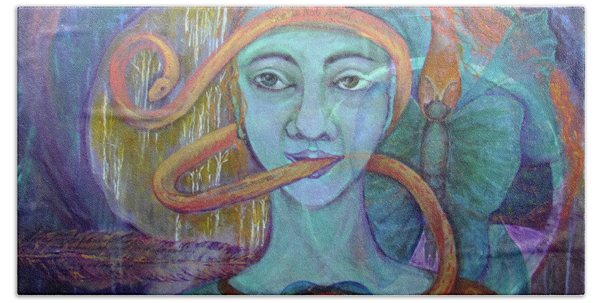 Shamanic Painting. Visionary Painting. Snake Symbolism Bath Towel featuring the painting She Is Not Afraid of Transformation by Feather Redfox