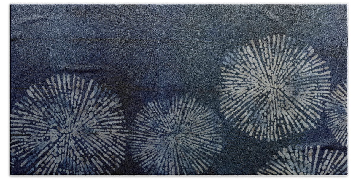 Japan Bath Towel featuring the digital art Shibori Sea Urchin Burst Pattern Dark Denim by Sand And Chi