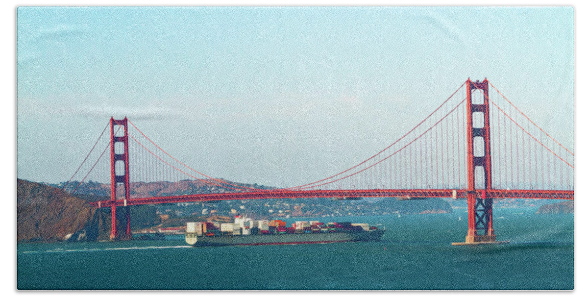 Ship Entering The Golden Gate Bath Towel featuring the photograph Ship Entering The Golden Gate by Bonnie Follett