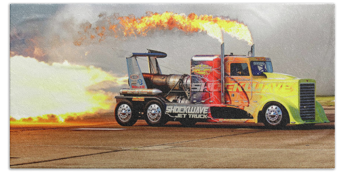 Shockwave Hand Towel featuring the photograph Shockwave Jet Truck - NHRA - Peterbilt Drag Racing by Jason Politte