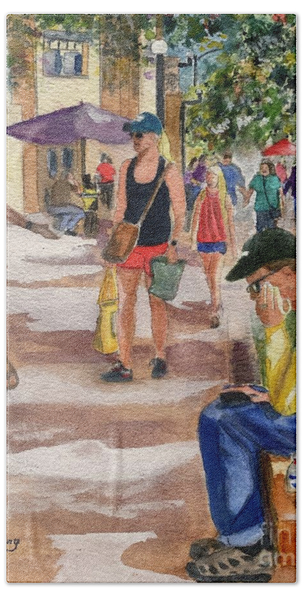 Shopping Bath Towel featuring the painting Shopping on Pearl St Mall by Sue Carmony