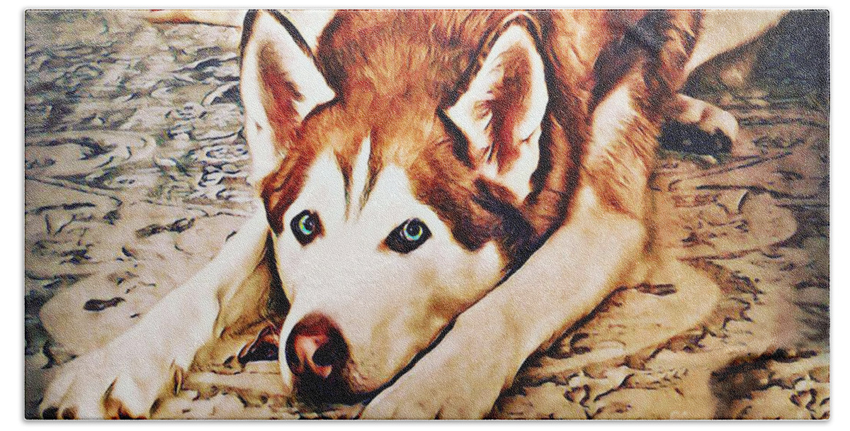 Siberian Bath Towel featuring the photograph Siberian Huskies at Rest A22119 by Mas Art Studio