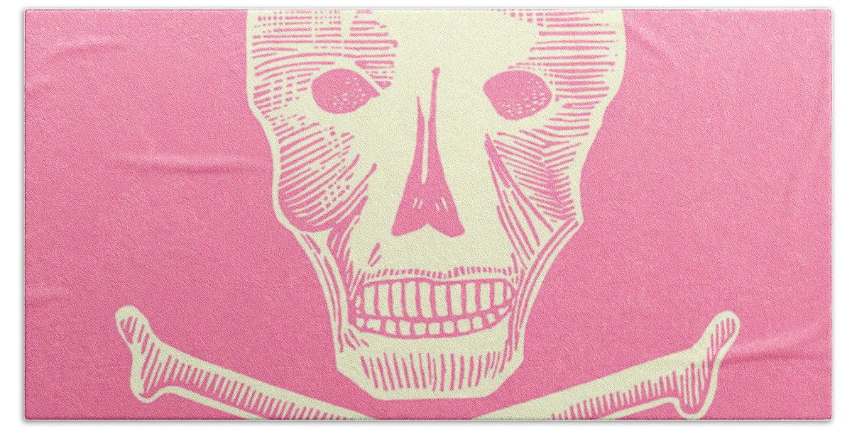 Afraid Bath Towel featuring the drawing Skull and Crossbones on a Pink Background by CSA Images