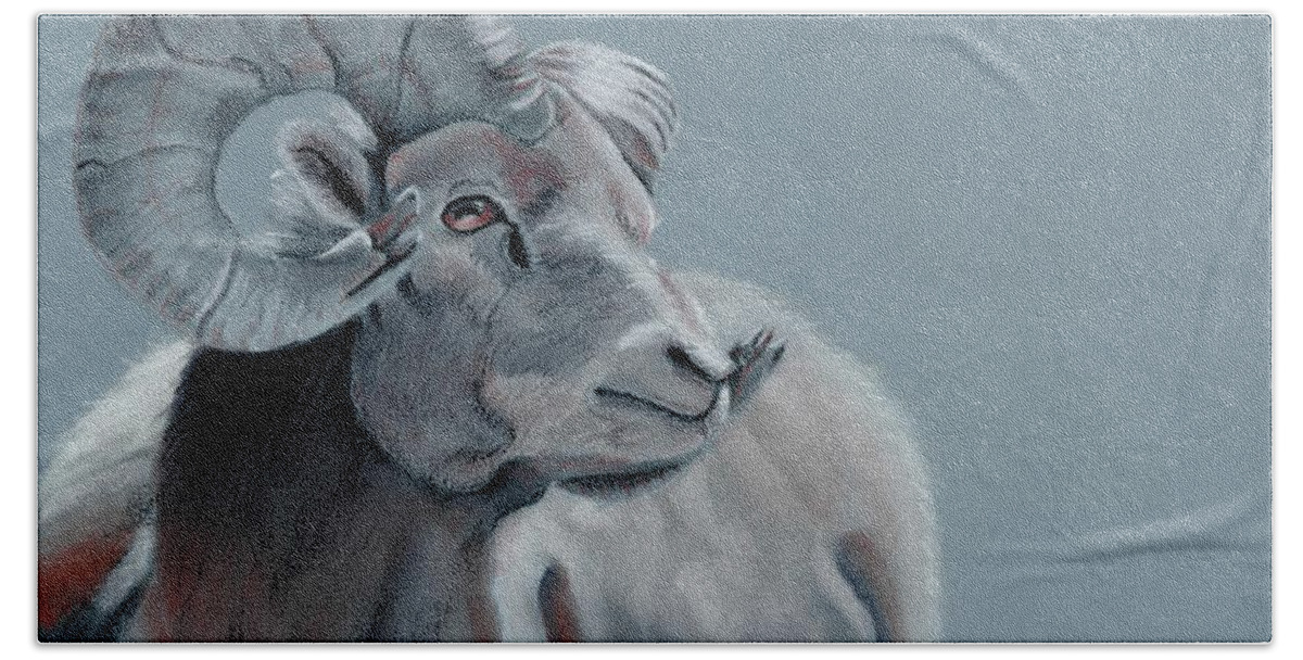 Big Horn Ram Hand Towel featuring the pastel Slate Blue Ram by Alexis King-Glandon