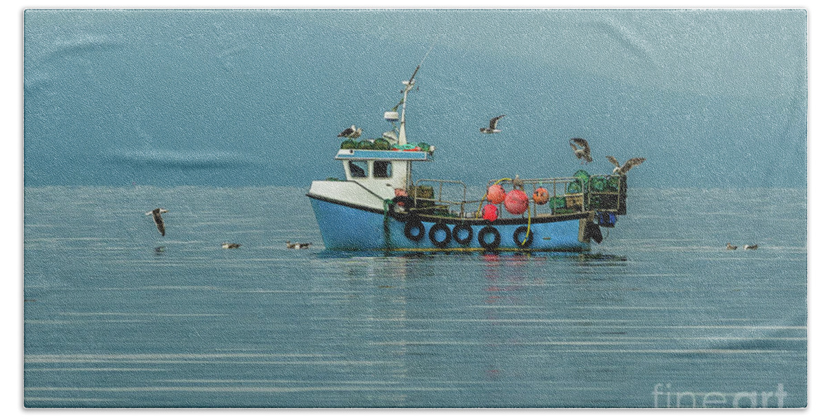Animal Hand Towel featuring the photograph Small Fishing Boat With Lobster Pods And Seagulls On Calm Atlantic In Front Of The Hebride Islands by Andreas Berthold