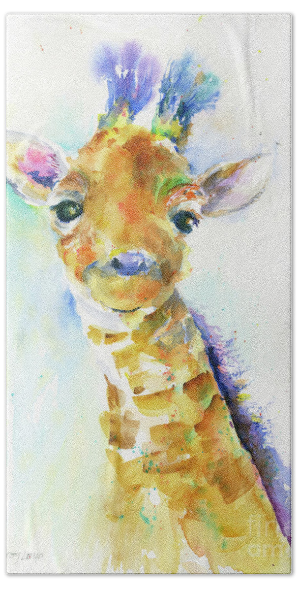 Baby Giraffe Hand Towel featuring the painting Smiley Baby Giraffe by Christy Lemp