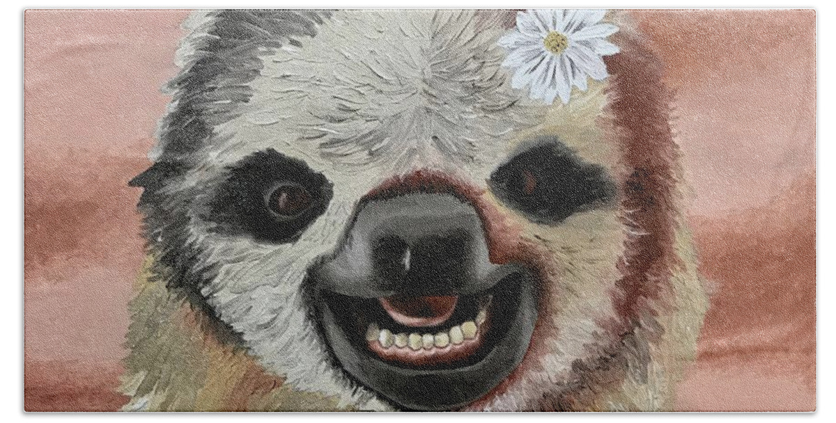 Zoo Hand Towel featuring the painting Smiling Sloth by Todd Fowler