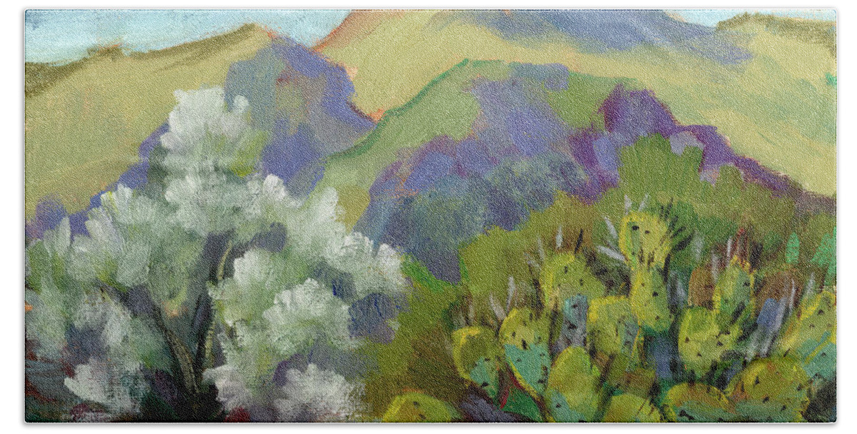 Smoke Tree Bath Towel featuring the painting Smoke Tree and Prickly Pear Cactus by Diane McClary