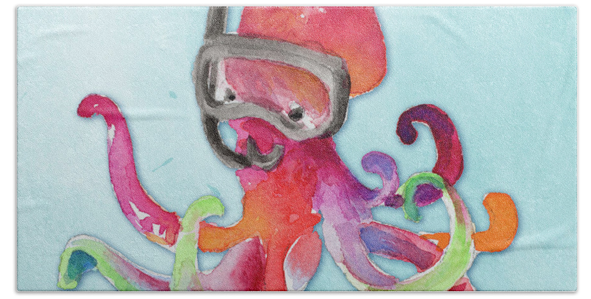 Snorkeling Hand Towel featuring the painting Snorkeling Octopus On Watercolor by Lanie Loreth