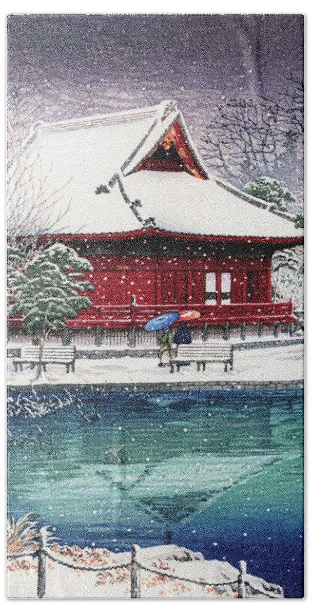 Kawase Hasui Hand Towel featuring the painting Snow at Benten Shrine, Shinobazu - Digital Remastered Edition by Kawase Hasui