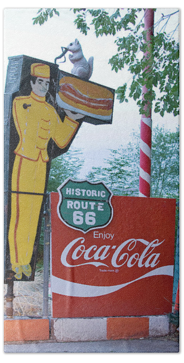 Route 66 Bath Towel featuring the painting Snow Cap burger cafe, Route 66, Seligman, Arizona by 