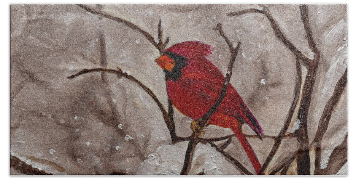 Cardinals In The Snow Bath Towel featuring the painting Snow Cardinal by Kathy Knopp